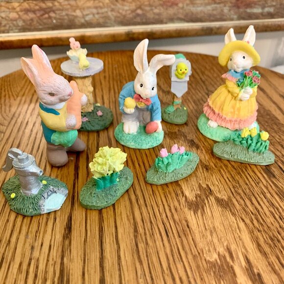 Vintage Other - Vintage Small Resin Easter Bunny Spring Village Cottage Figurines Set of 9